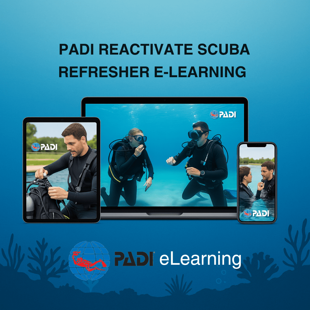 PADI Reactivate Scuba Refresher eLearning Course – MagnaDivers Scuba diver refreshing skills during PADI Reactivate pool session with instructor.