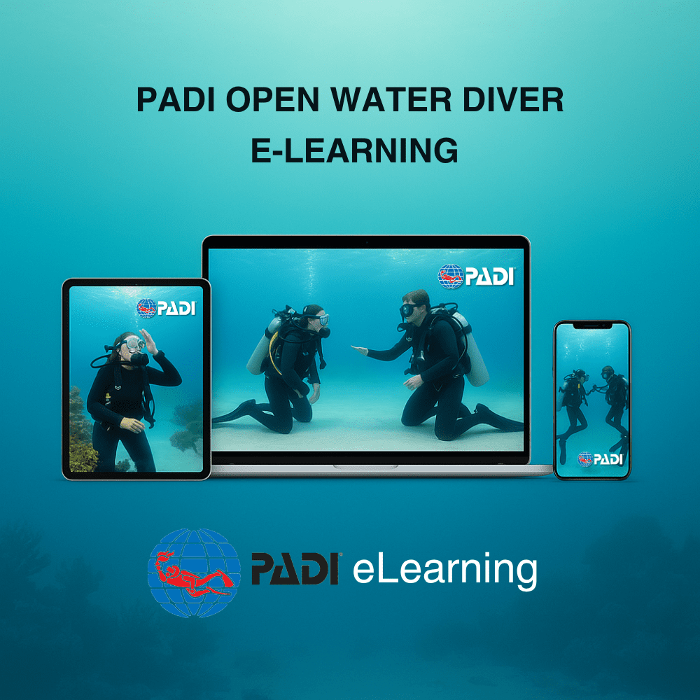 padi-open-water-diver-elearning-course Scuba diver training underwater with PADI eLearning on laptop, tablet, and smartphone screens.