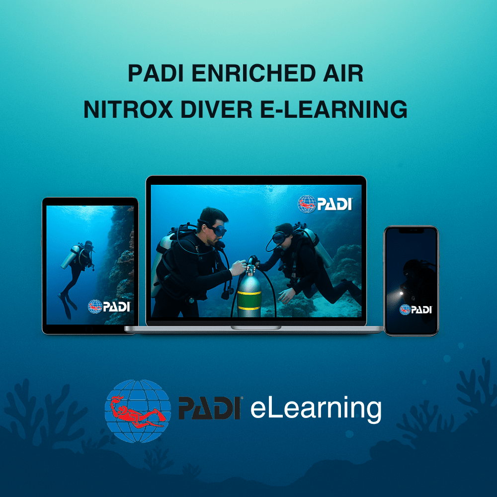 elearning-enriched-air-nitrox Realistic scuba diving devices preview for Enriched Air Nitrox Diver eLearning course — laptop, tablet, and phone on blue ocean background